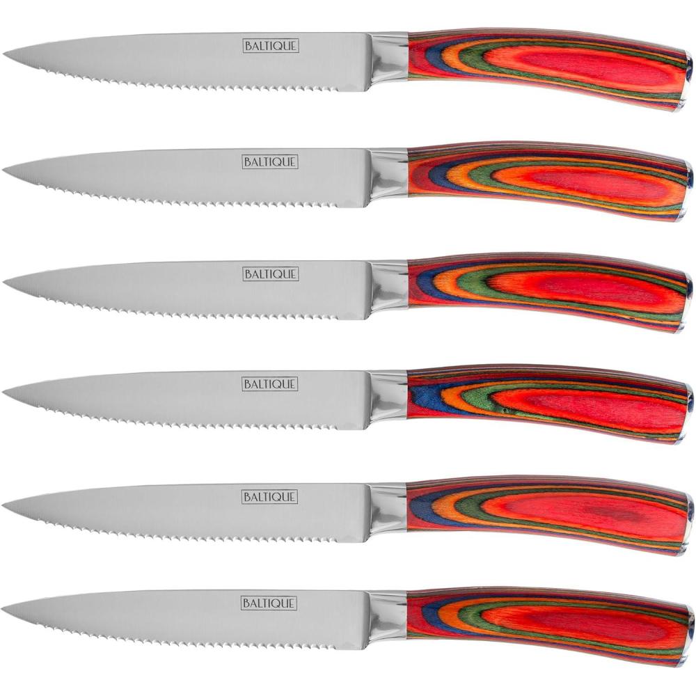 imageTotally Bamboo Baltique Marrakesh Collection Kitchen Steak Knives Set of 6 5Inch Stainless Steel Serrated Knife Set with Colorful Wooden Handles for Cutting Meat