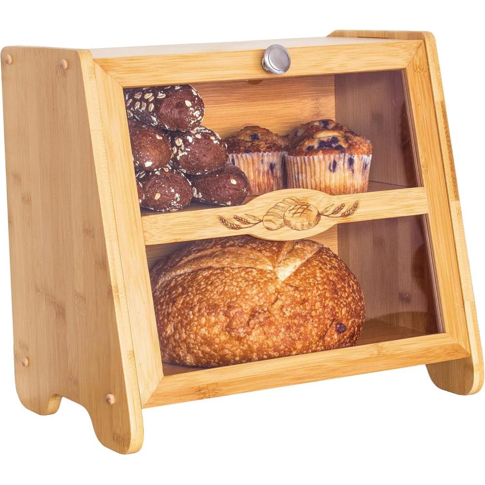 imageTotally Bamboo Double Layer Farmhouse Bread Box with Window for Kitchen Counter Large Capacity Storage Container for Bread Loaves Muffins Bagels Rolls and More