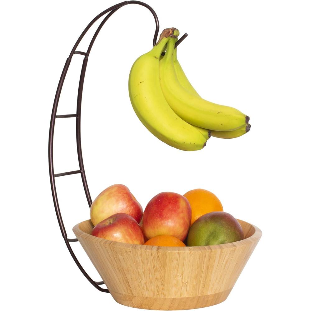 imageTotally Bamboo Fruit Basket Bowl with Banana Holder Hanging Hook Bamboo Wood Fruit Bowl for Kitchen Counter