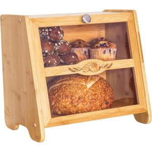 Totally Bamboo Double Layer Farmhouse Bread Box with Window for Kitchen Counter, Large Capacity Storage Container for Bread Loaves, Muffins, Bagels, Rolls and More