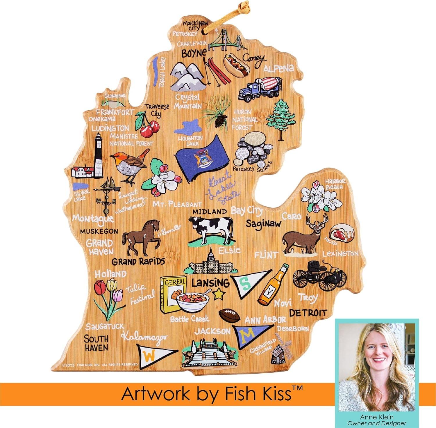 imageTotally Bamboo Arizona State Shaped Cutting Board and Charcuterie Serving Platter with Artwork by Fish Kiss Includes Hang Tie for Wall DisplayMichigan