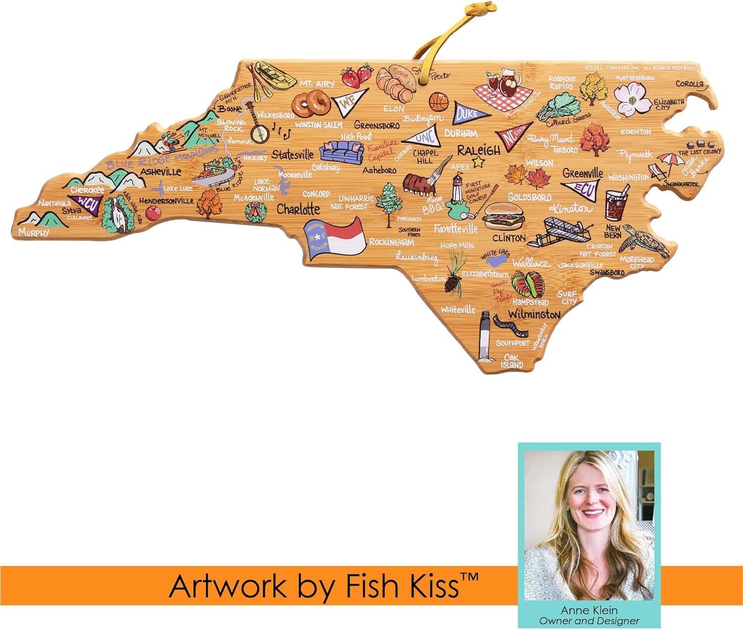imageTotally Bamboo Arizona State Shaped Cutting Board and Charcuterie Serving Platter with Artwork by Fish Kiss Includes Hang Tie for Wall DisplayNorth Carolina