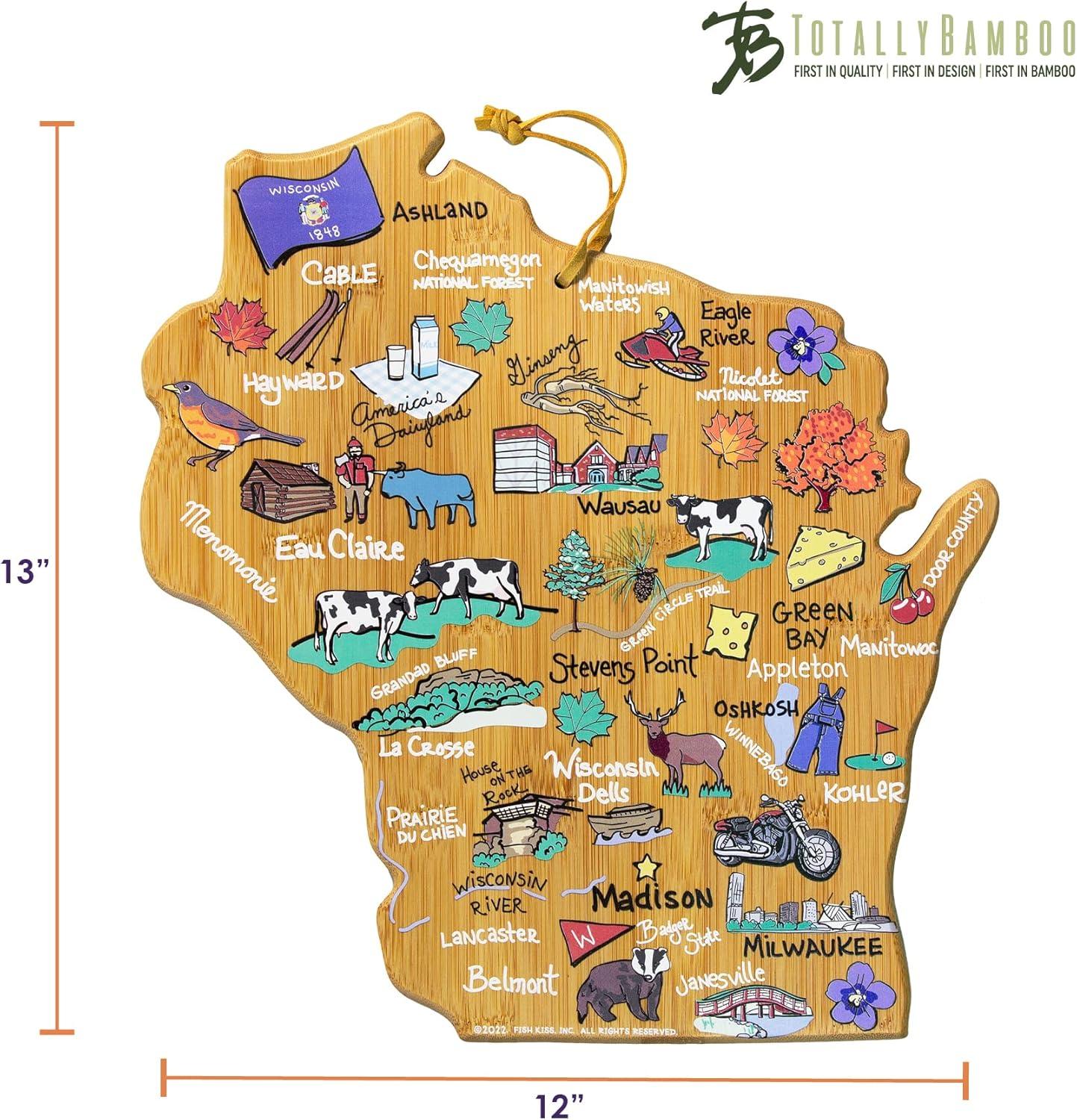 imageTotally Bamboo Arizona State Shaped Cutting Board and Charcuterie Serving Platter with Artwork by Fish Kiss Includes Hang Tie for Wall DisplayWisconsin