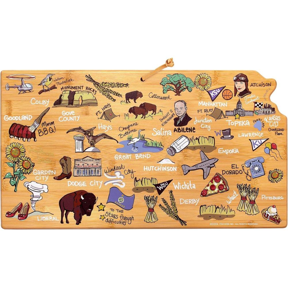 imageTotally Bamboo Arizona State Shaped Cutting Board and Charcuterie Serving Platter with Artwork by Fish Kiss Includes Hang Tie for Wall DisplayKansas