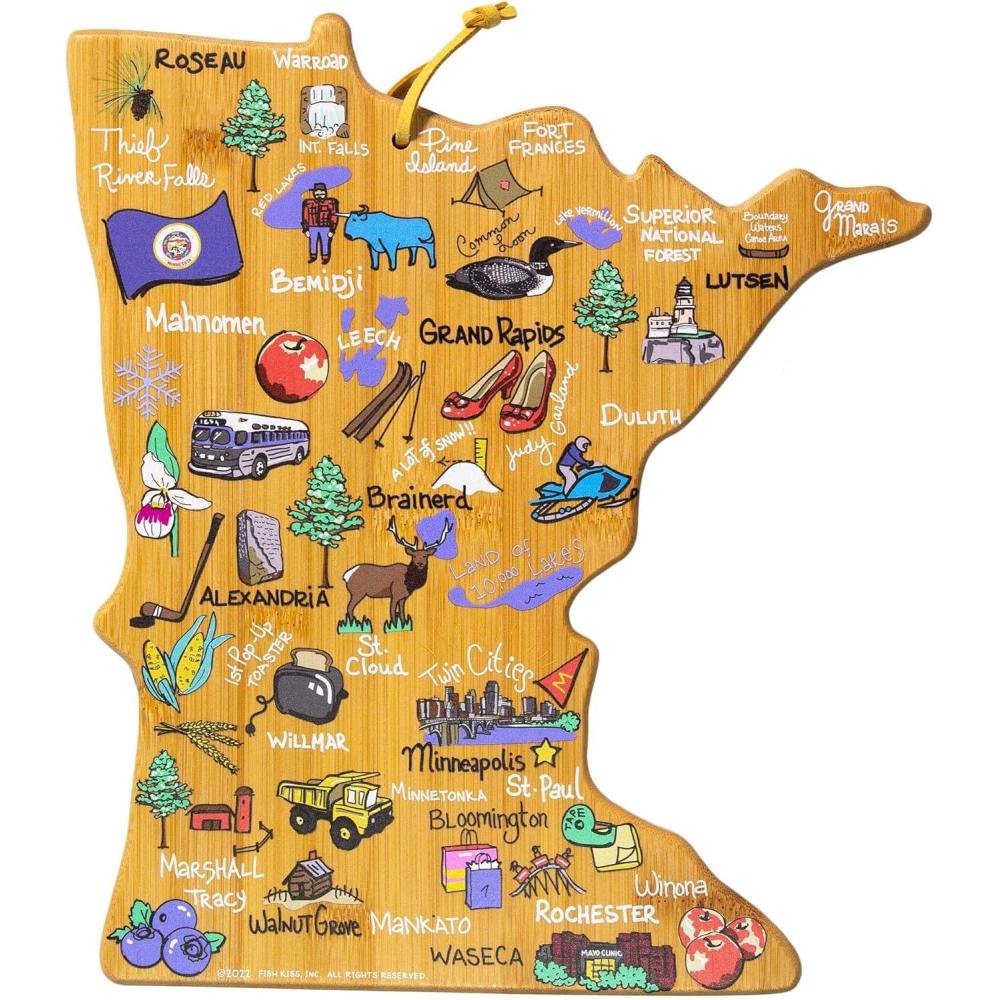 imageTotally Bamboo Arizona State Shaped Cutting Board and Charcuterie Serving Platter with Artwork by Fish Kiss Includes Hang Tie for Wall DisplayMinnesota