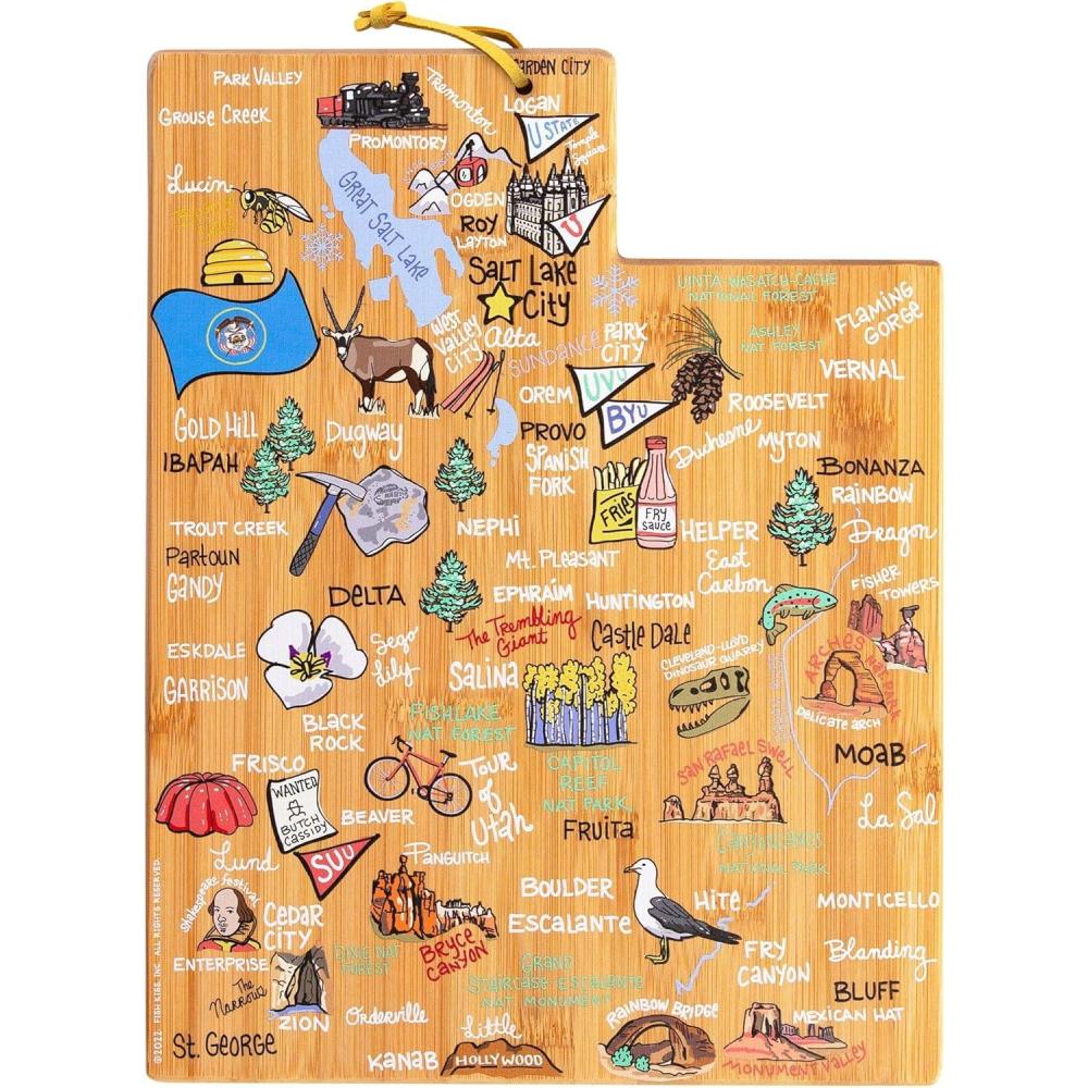imageTotally Bamboo Arizona State Shaped Cutting Board and Charcuterie Serving Platter with Artwork by Fish Kiss Includes Hang Tie for Wall DisplayUtah