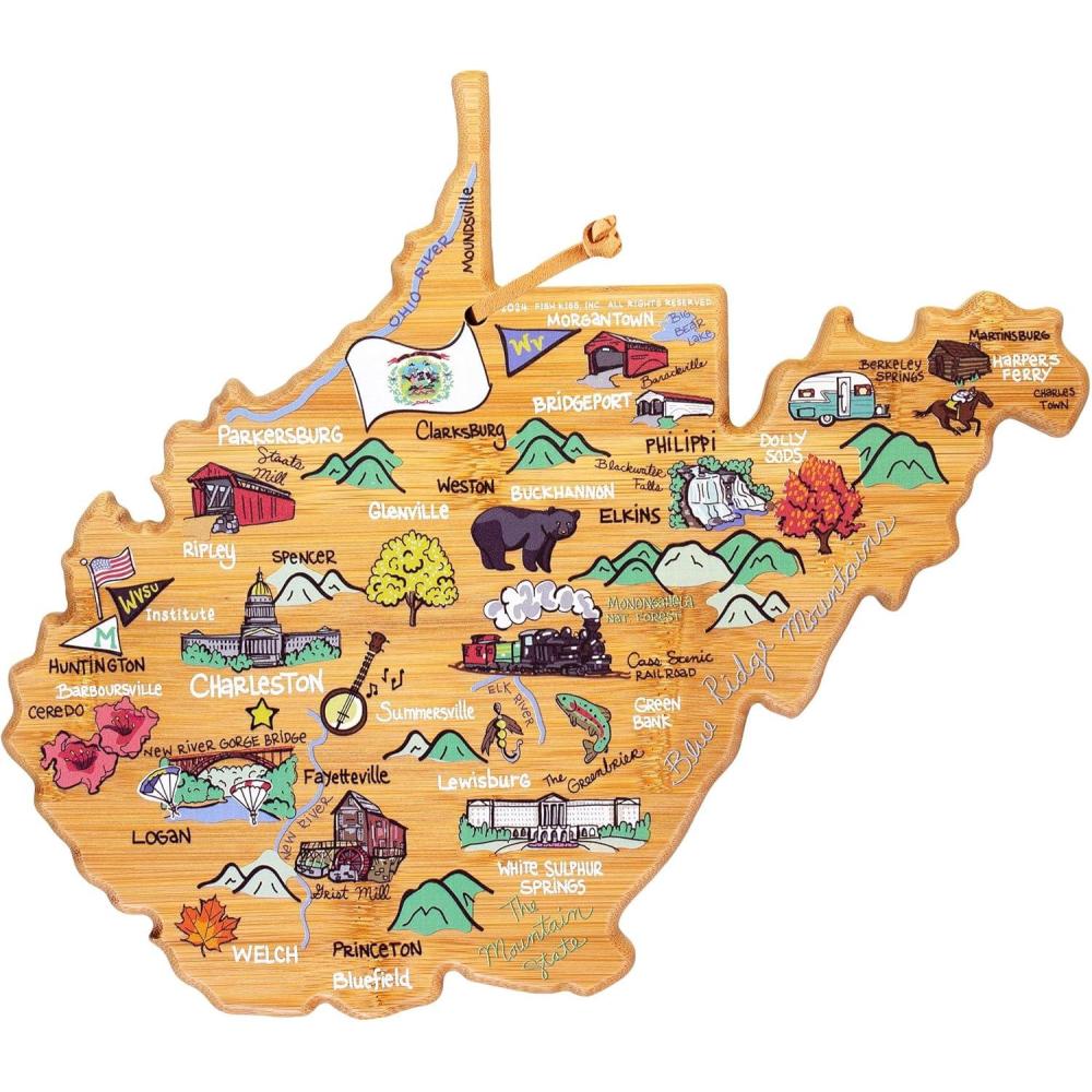 imageTotally Bamboo Arizona State Shaped Cutting Board and Charcuterie Serving Platter with Artwork by Fish Kiss Includes Hang Tie for Wall DisplayWest Virginia