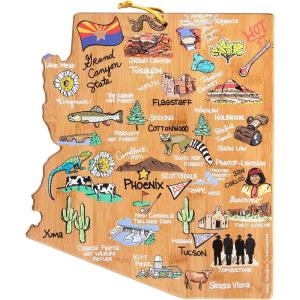 Totally Bamboo Arizona State Shaped Cutting Board and Charcuterie Serving Platter with Artwork by Fish Kiss, Includes Hang Tie for Wall Display(Arizona)