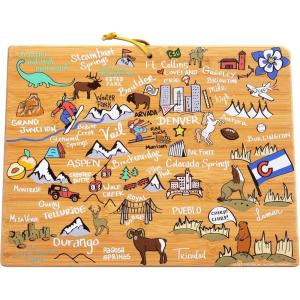 Totally Bamboo Arizona State Shaped Cutting Board and Charcuterie Serving Platter with Artwork by Fish Kiss, Includes Hang Tie for Wall Display(Colorado)