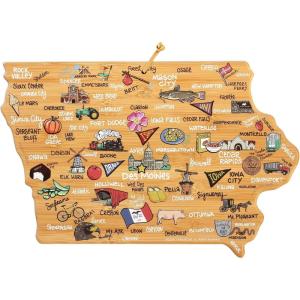 Totally Bamboo Arizona State Shaped Cutting Board and Charcuterie Serving Platter with Artwork by Fish Kiss, Includes Hang Tie for Wall Display(Iowa)