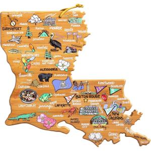 Totally Bamboo Arizona State Shaped Cutting Board and Charcuterie Serving Platter with Artwork by Fish Kiss, Includes Hang Tie for Wall Display(Louisiana)