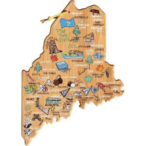 Totally Bamboo Arizona State Shaped Cutting Board and Charcuterie Serving Platter with Artwork by Fish Kiss, Includes Hang Tie for Wall Display(Maine)
