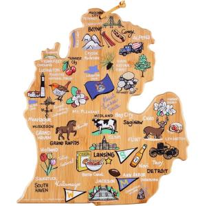 Totally Bamboo Arizona State Shaped Cutting Board and Charcuterie Serving Platter with Artwork by Fish Kiss, Includes Hang Tie for Wall Display(Michigan)