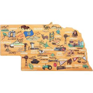 Totally Bamboo Arizona State Shaped Cutting Board and Charcuterie Serving Platter with Artwork by Fish Kiss, Includes Hang Tie for Wall Display(Nebraska)
