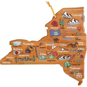 Totally Bamboo Arizona State Shaped Cutting Board and Charcuterie Serving Platter with Artwork by Fish Kiss, Includes Hang Tie for Wall Display(New York)