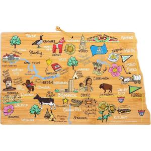 Totally Bamboo Arizona State Shaped Cutting Board and Charcuterie Serving Platter with Artwork by Fish Kiss, Includes Hang Tie for Wall Display(North Dakota)