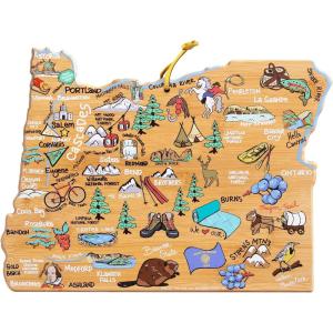 Totally Bamboo Arizona State Shaped Cutting Board and Charcuterie Serving Platter with Artwork by Fish Kiss, Includes Hang Tie for Wall Display(Oregon)