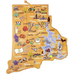 Totally Bamboo Arizona State Shaped Cutting Board and Charcuterie Serving Platter with Artwork by Fish Kiss, Includes Hang Tie for Wall Display(Rhode Island)