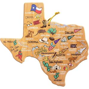 Totally Bamboo Arizona State Shaped Cutting Board and Charcuterie Serving Platter with Artwork by Fish Kiss, Includes Hang Tie for Wall Display(Texas)