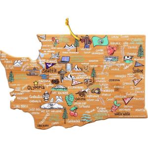 Totally Bamboo Arizona State Shaped Cutting Board and Charcuterie Serving Platter with Artwork by Fish Kiss, Includes Hang Tie for Wall Display(Washington)