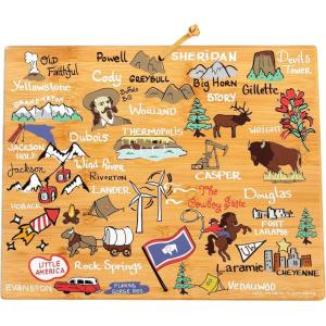 Totally Bamboo Arizona State Shaped Cutting Board and Charcuterie Serving Platter with Artwork by Fish Kiss, Includes Hang Tie for Wall Display(Wyoming)