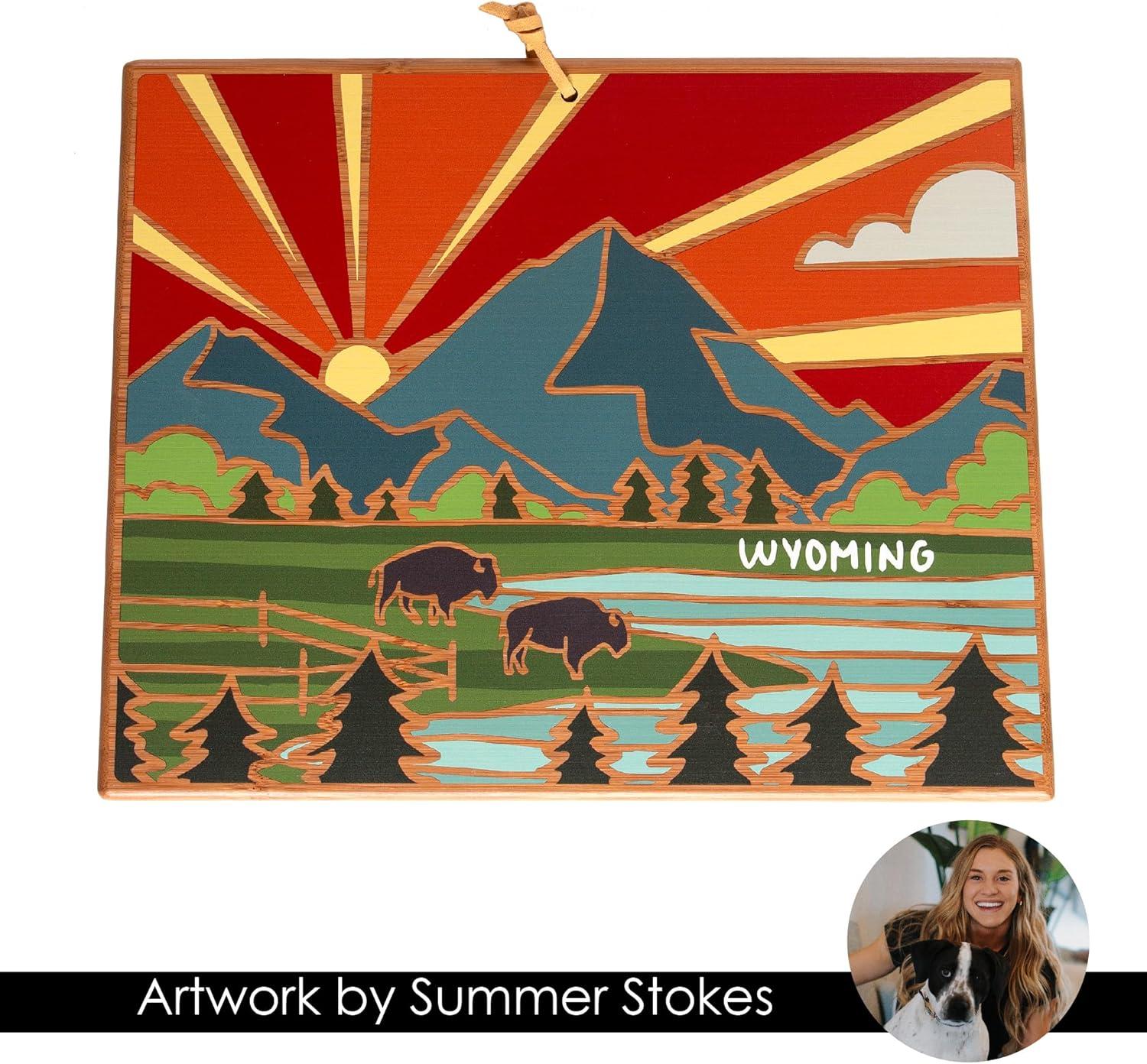 imageTotally Bamboo Wyoming State Shaped Cutting Board and Charcuterie Serving Platter with Artwork by Summer Stokes Includes Hang Tie for Wall DisplayWyoming
