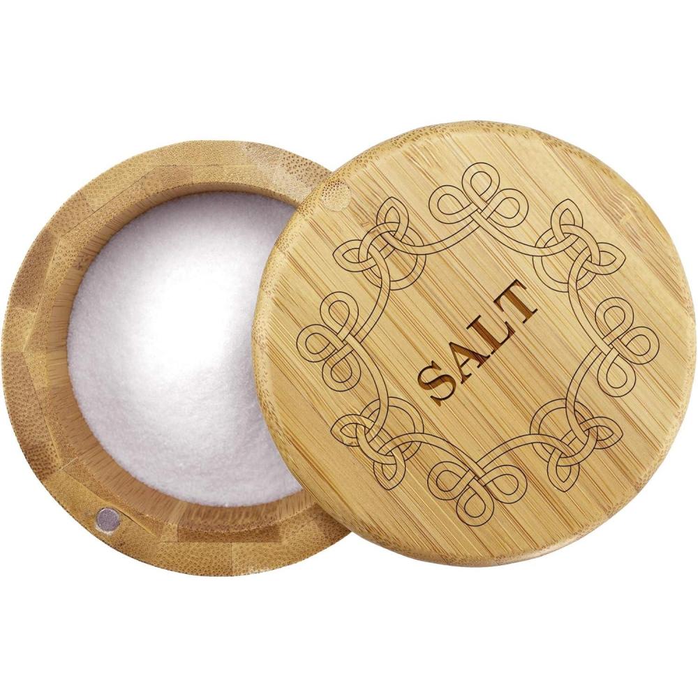 imageTotally Bamboo Salt Cellar Bamboo Storage Box with Magnetic Swivel Lid 6 Ounce Capacity Salt Engraved on LidCeltic Knot