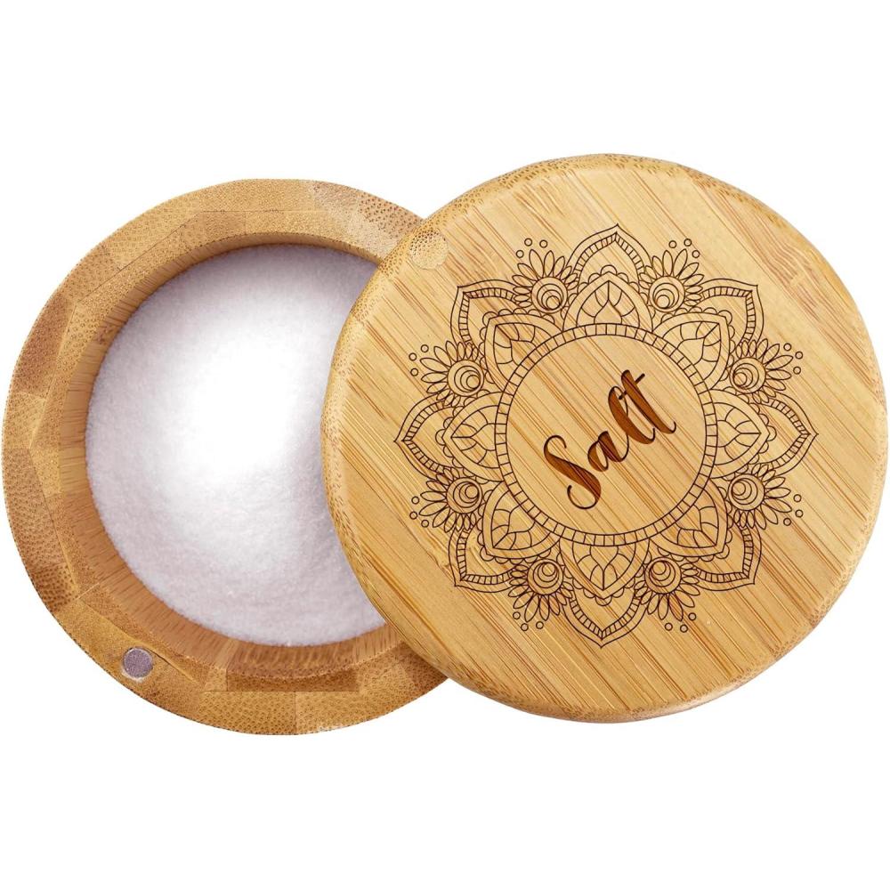 imageTotally Bamboo Salt Cellar Bamboo Storage Box with Magnetic Swivel Lid 6 Ounce Capacity Salt Engraved on LidMandala Flower