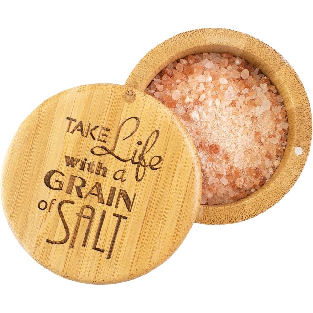 imageTotally Bamboo Salt Cellar Bamboo Storage Box with Magnetic Swivel Lid 6 Ounce Capacity Take Life with a Grain of Salt Engraved on Lid