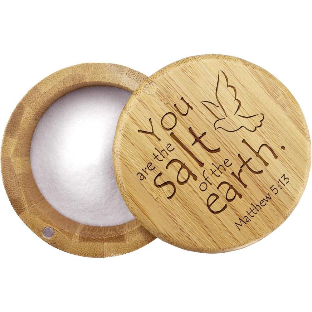 imageTotally Bamboo Salt Cellar Bamboo Storage Box with Magnetic Swivel Lid 6 Ounce Capacity You are the Salt of the Earth Matthew 513 Engraved on LidSalt of the Earth