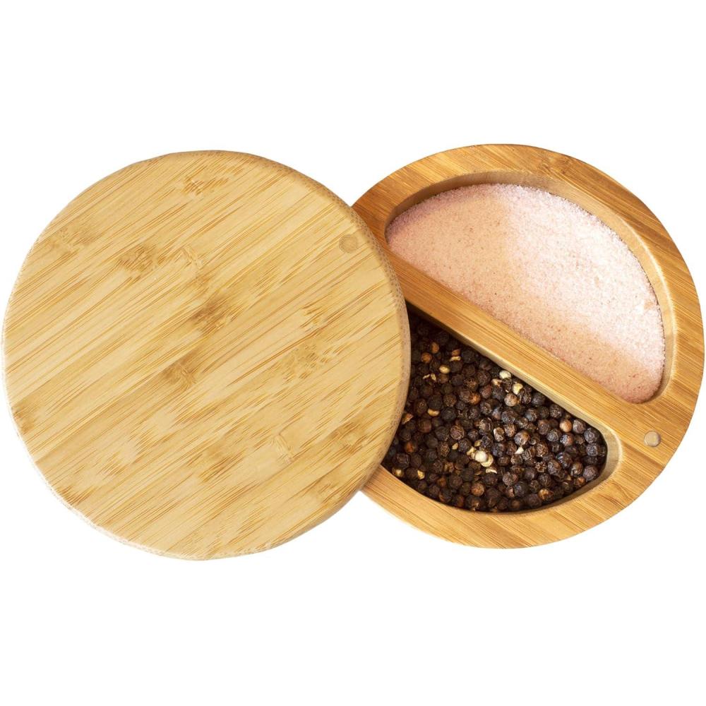 imageTotally Bamboo Salt Keeper Duet  Bamboo Salt Cellar with Dual Compartments for Salt and Pepper or Spices Magnetic Swivel Lids Natural Bamboo Salt Box 8 Ounce CapacitySalt Keeper Duet