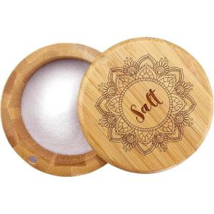 Totally Bamboo Salt Cellar Bamboo Storage Box with Magnetic Swivel Lid, 6 Ounce Capacity, Salt Engraved on Lid(Mandala Flower)