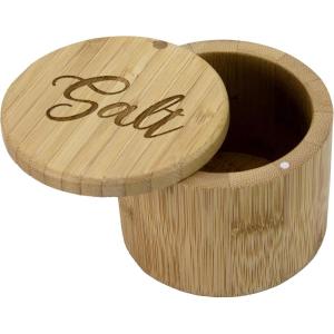Totally Bamboo Salt Cellar Bamboo Storage Box with Magnetic Swivel Lid, 6 Ounce Capacity, Salt Engraved on Lid(“Salt” Script Engraving)