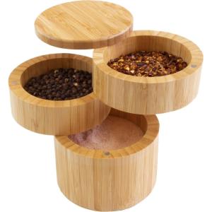 Totally Bamboo Salt Keeper Duet – Bamboo Salt Cellar with Dual Compartments for Salt and Pepper or Spices, Magnetic Swivel Lids, Natural Bamboo Salt Box, 8 Ounce Capacity(Three Tier Salt Box)