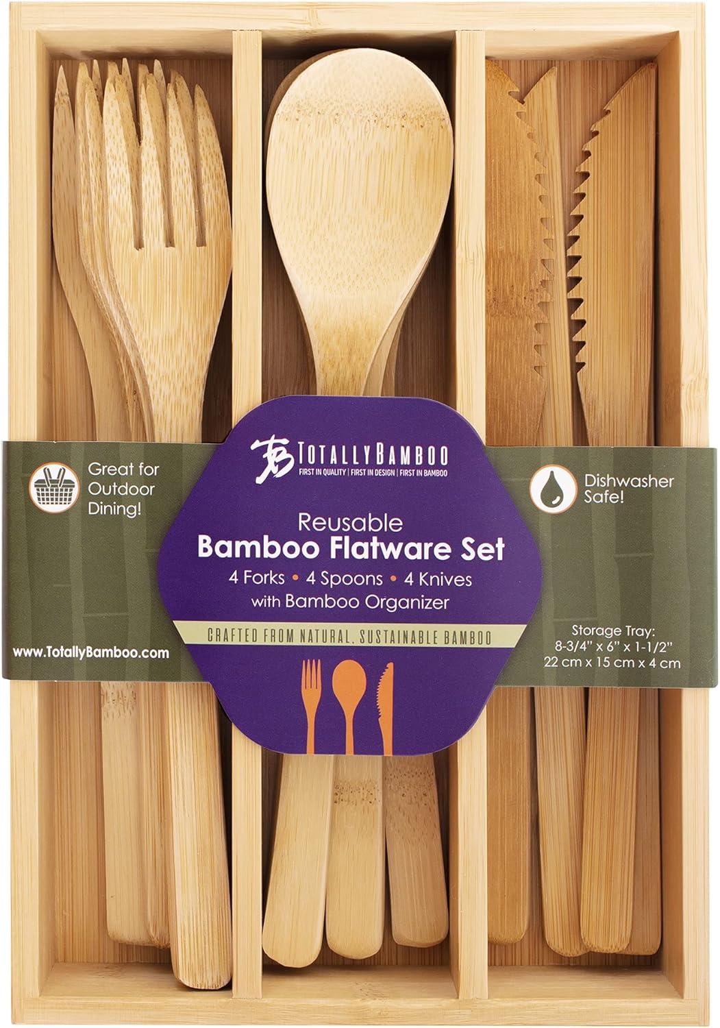 imageTotally Bamboo 12Piece Reusable Bamboo Flatware Set with Portable Storage Case Dishwasher Safe