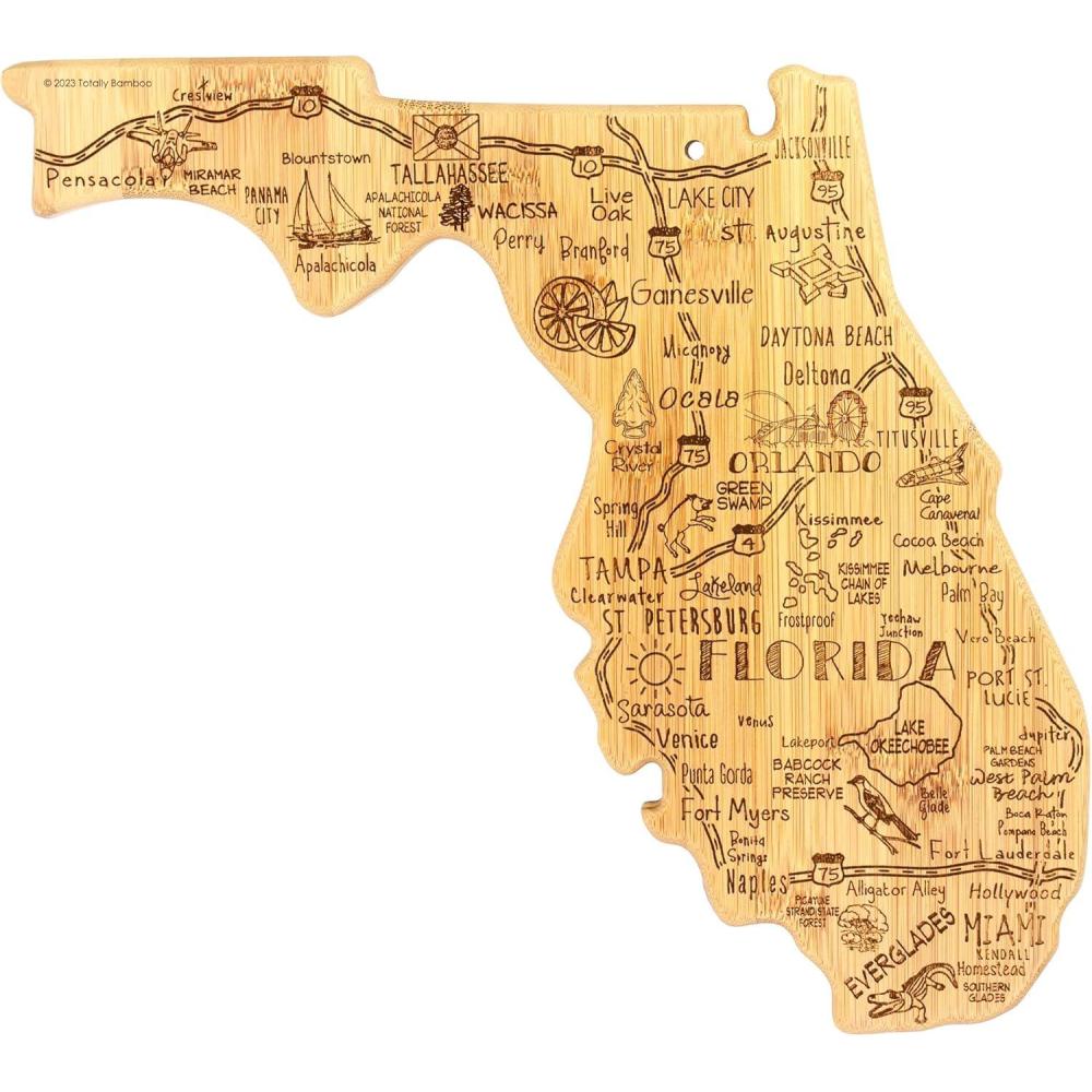 imageTotally Bamboo Destination Florida Shaped Cutting Board Bamboo Charcuterie and Serving Board with Hang Tie for Wall Display