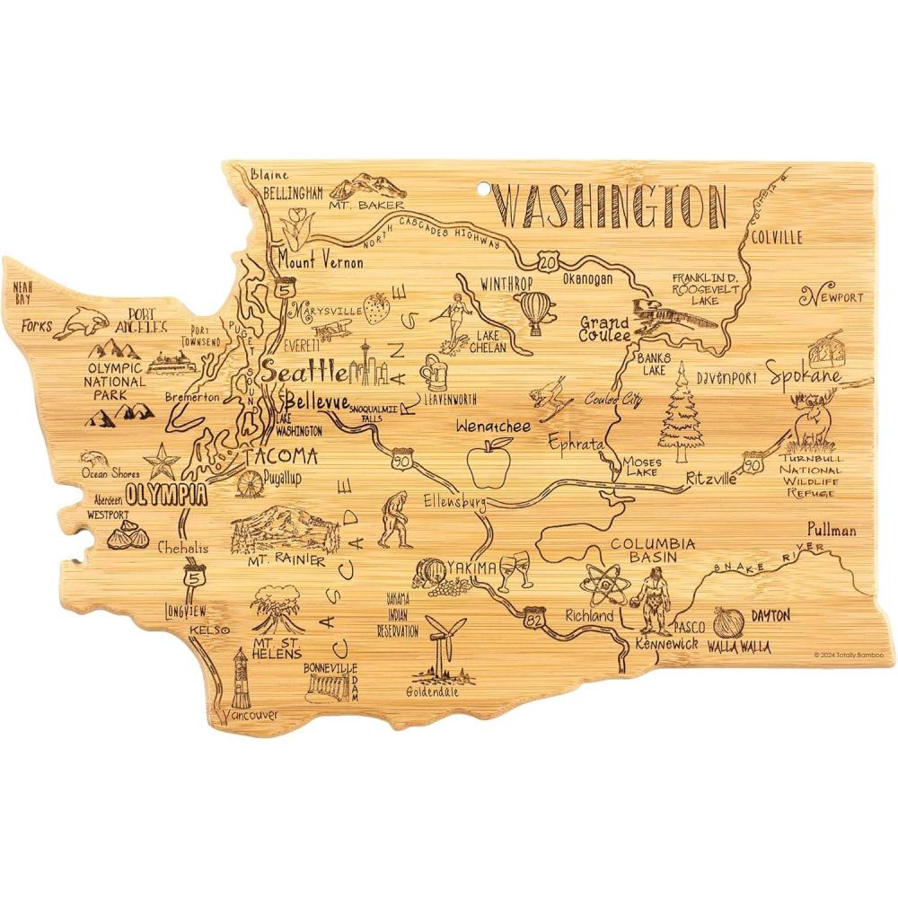 imageTotally Bamboo Destination Washington Shaped Cutting Board Bamboo Charcuterie and Serving Board with Hang Tie for Wall Display