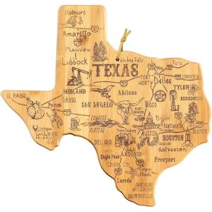 Totally Bamboo Destination Texas Shaped Cutting Board – Bamboo Charcuterie and Serving Board with Hang Tie for Wall Display(14″L x 13.4″W)