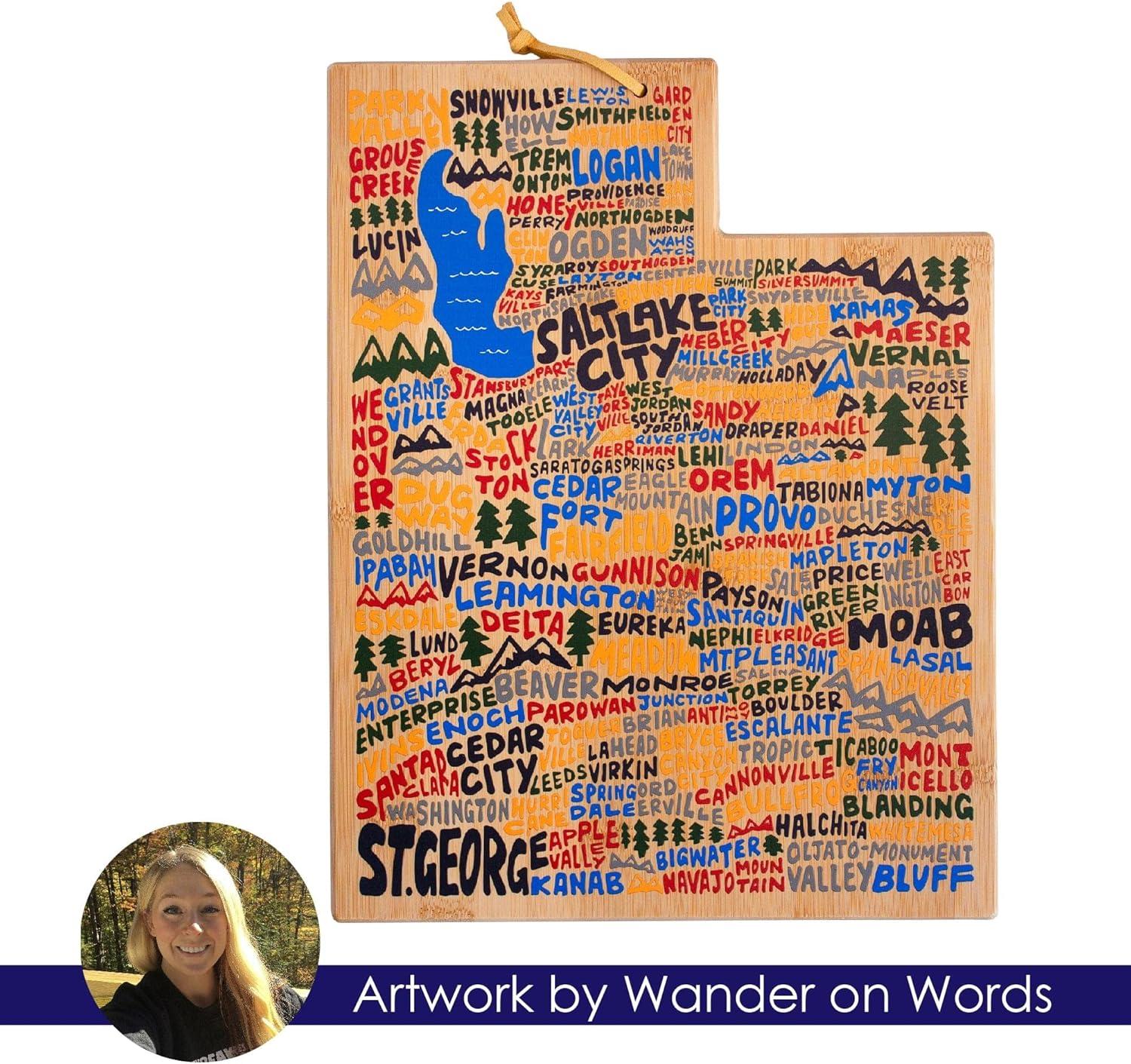imageTotally Bamboo Utah State Shaped Cutting Board and Charcuterie Serving Platter with Artwork by Wander on Words Includes Hang Tie for Wall DisplayUtah