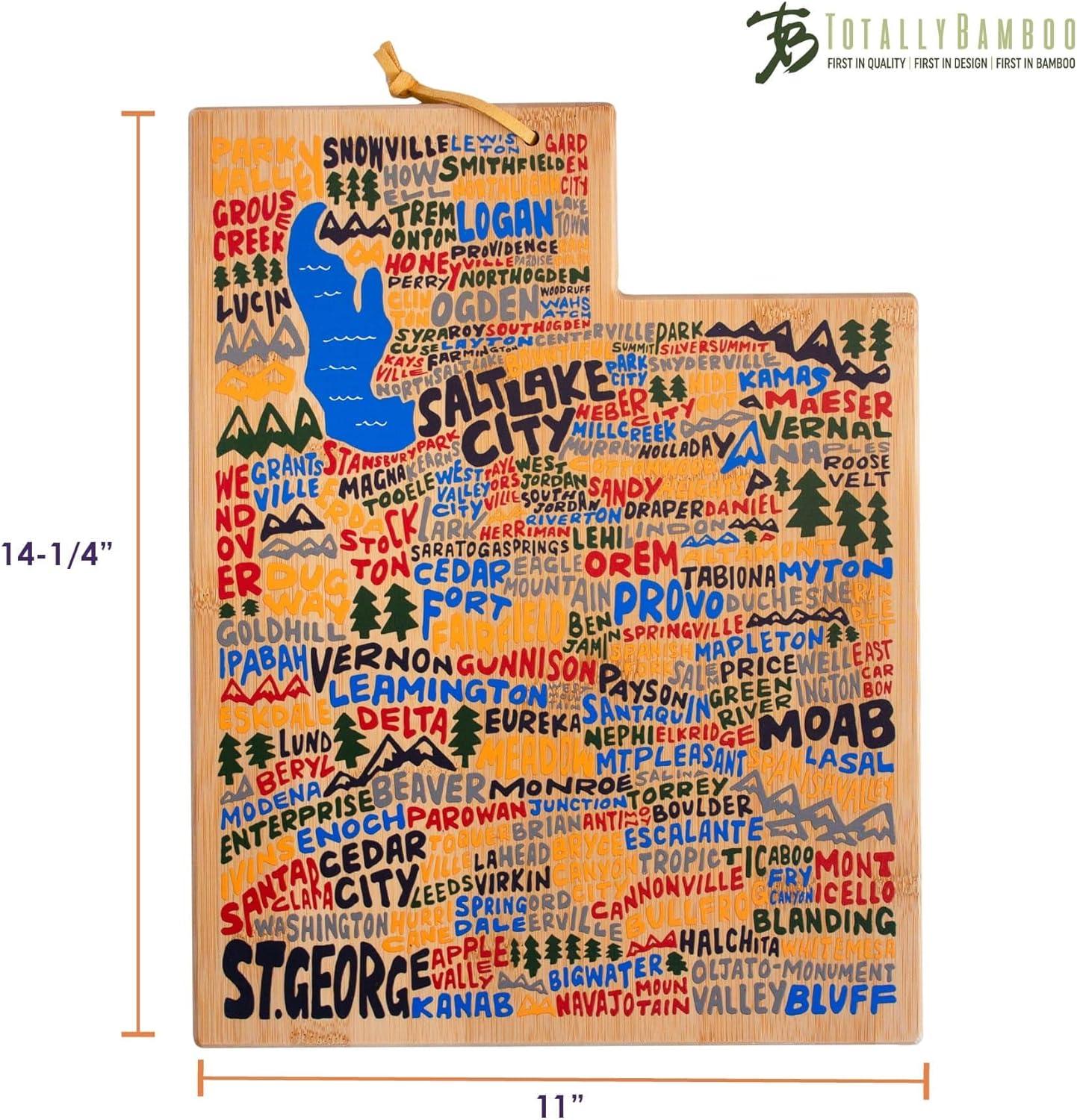 imageTotally Bamboo Utah State Shaped Cutting Board and Charcuterie Serving Platter with Artwork by Wander on Words Includes Hang Tie for Wall DisplayUtah