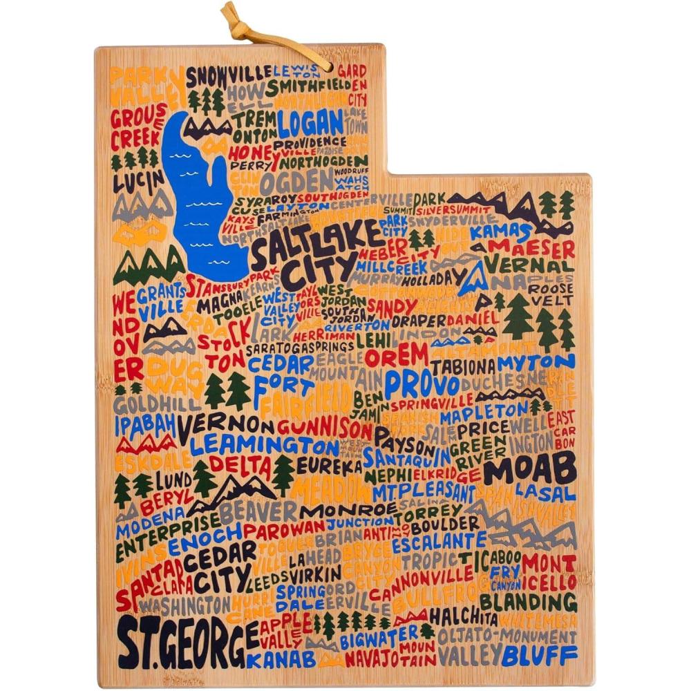 imageTotally Bamboo Utah State Shaped Cutting Board and Charcuterie Serving Platter with Artwork by Wander on Words Includes Hang Tie for Wall DisplayUtah