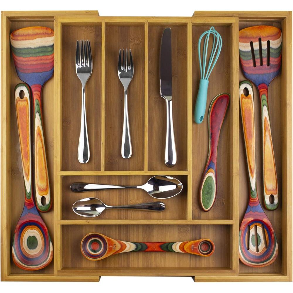 imageTotally Bamboo Kitchen Drawer Organizer Expandable Silverware Organizer and Utensil Holder 8 Compartments with Dividers