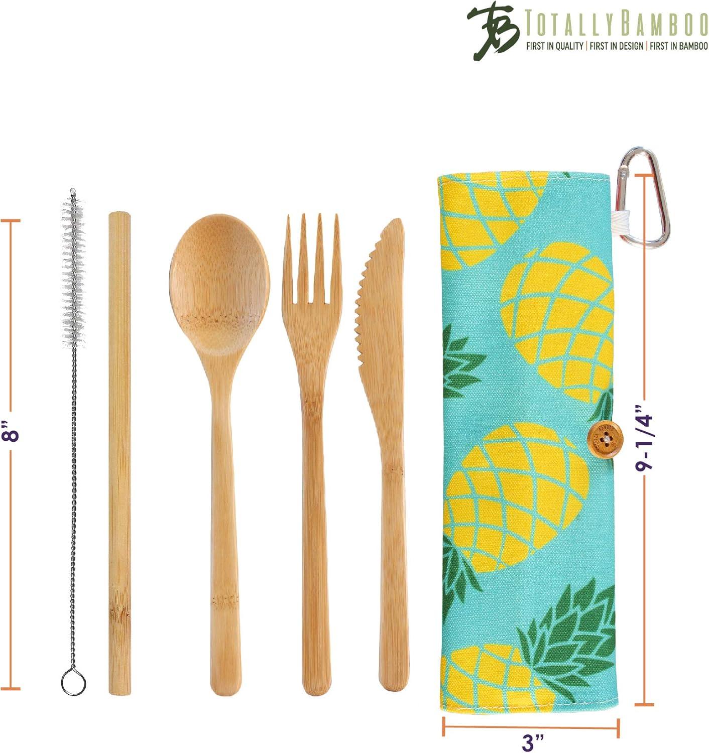 imageTotally Bamboo Take Along Reusable Bamboo Utensil Set with Straw Dishwasher Safe Pineapple DesignBlue Pineapple