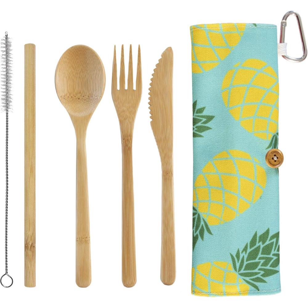 imageTotally Bamboo Take Along Reusable Bamboo Utensil Set with Straw Dishwasher Safe Pineapple DesignBlue Pineapple