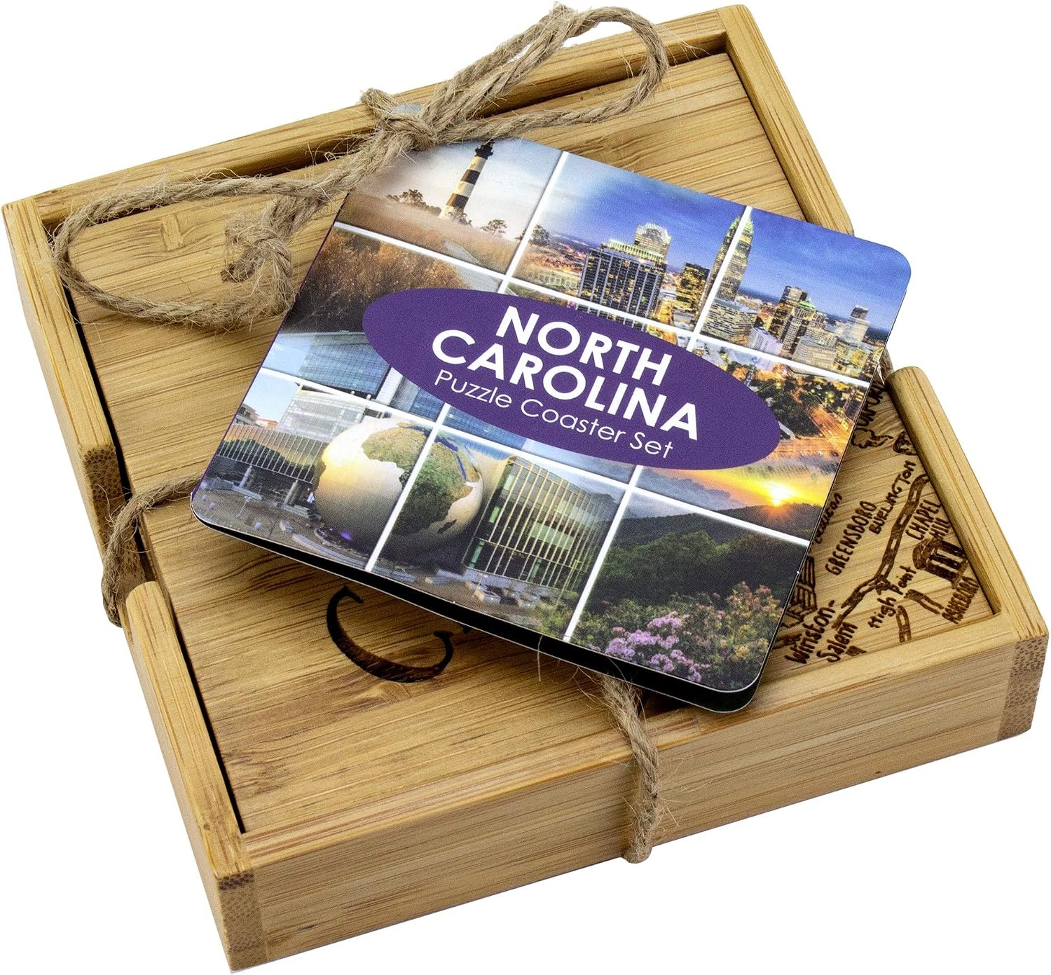 image:imageTotally Bamboo North Carolina State Puzzle 4 Piece Bamboo Coaster Set with CaseNorth Carolina