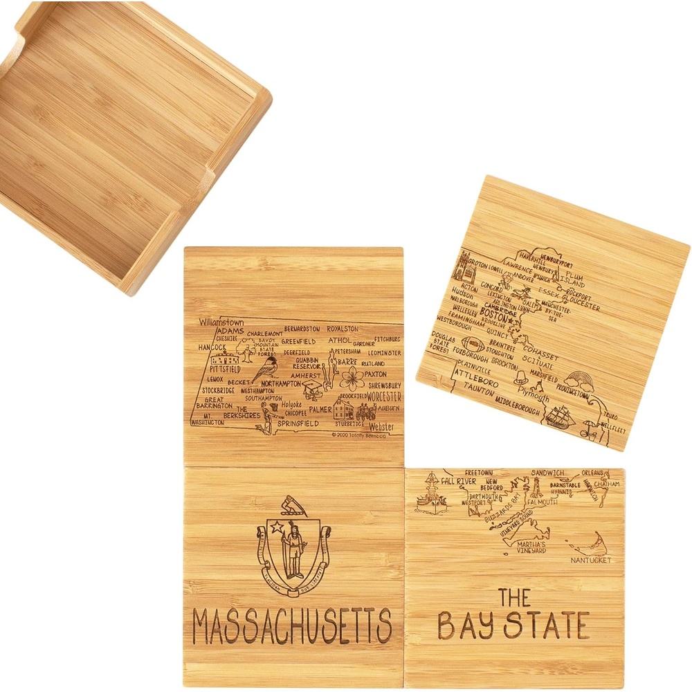 image:imageTotally Bamboo Rhode Island State Puzzle 4 Piece Bamboo Coaster Set with CaseMassachusetts