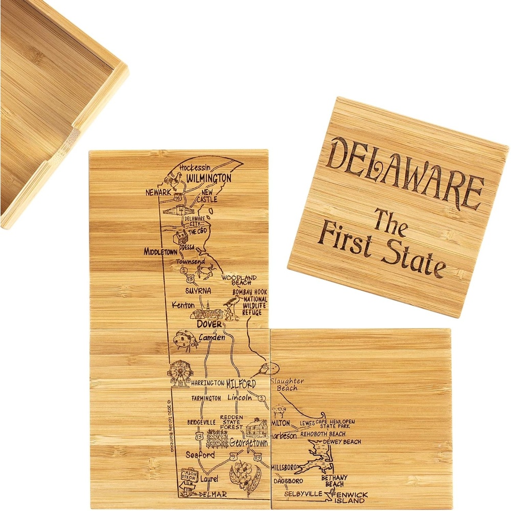 image:imageTotally Bamboo Delaware State Puzzle 4 Piece Bamboo Coaster Set with CaseDelaware