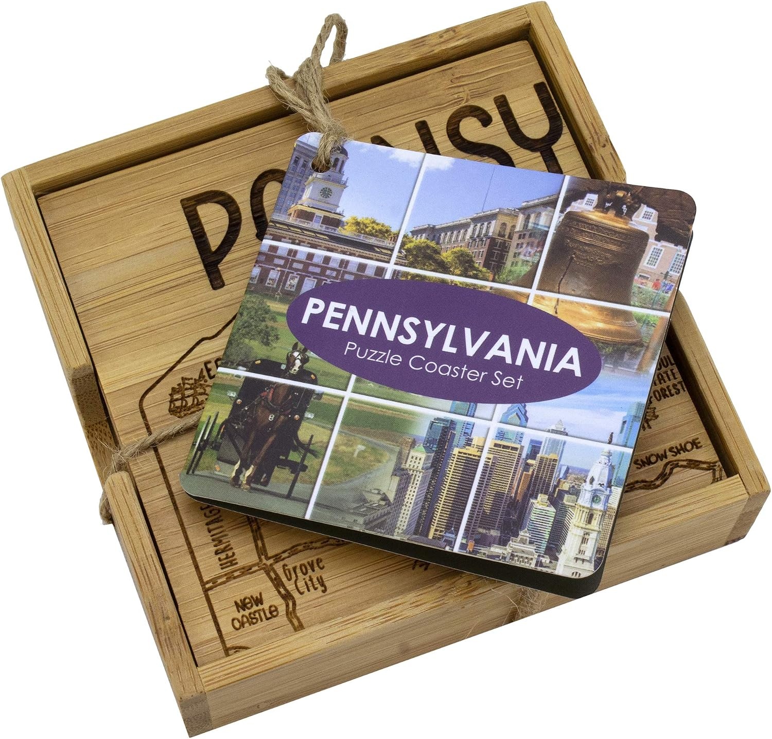 image:imageTotally Bamboo Pennsylvania State Puzzle 4 Piece Bamboo Coaster Set with CasePennsylvania