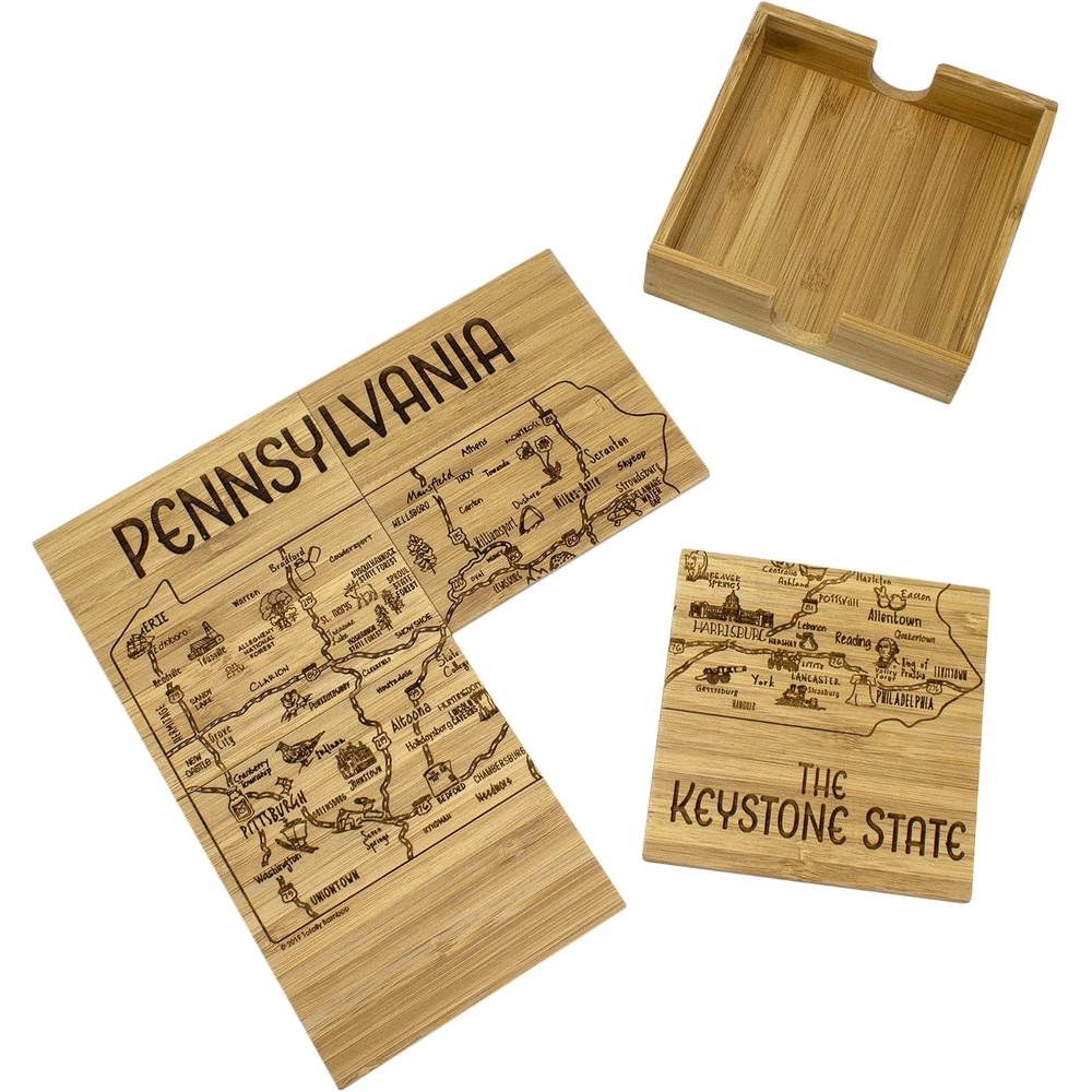 image:imageTotally Bamboo Pennsylvania State Puzzle 4 Piece Bamboo Coaster Set with CasePennsylvania